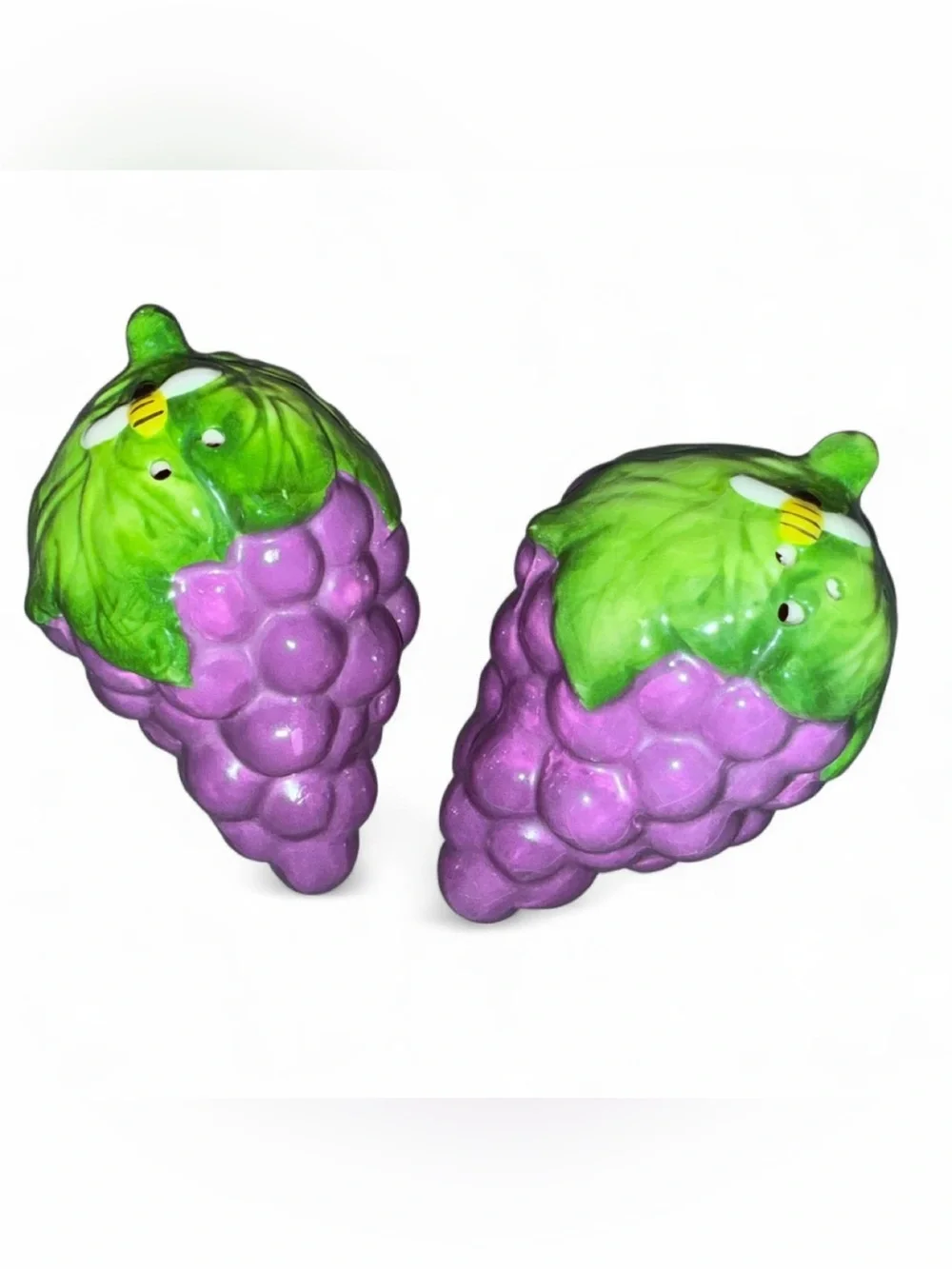 Vintage Cottagecore Ceramic Hand Painted Grape and Bees Salt and Pepper Shakers